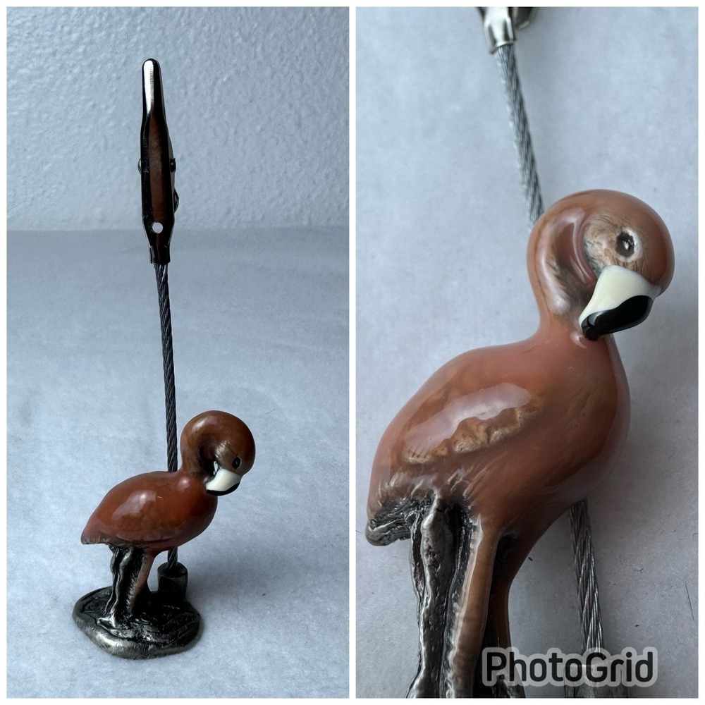 Vintage Pewter Flamingo Memo Clip Pink Bird Standing Desk Decor Name Card Holder